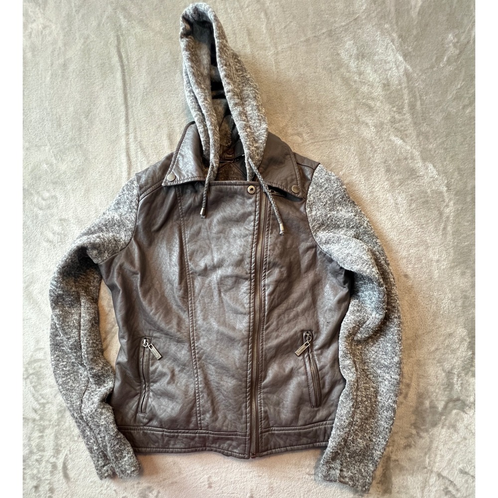 Joujou Moto Jacket Women Medium Brown Faux Leather Knit Hood Gray Sleeves